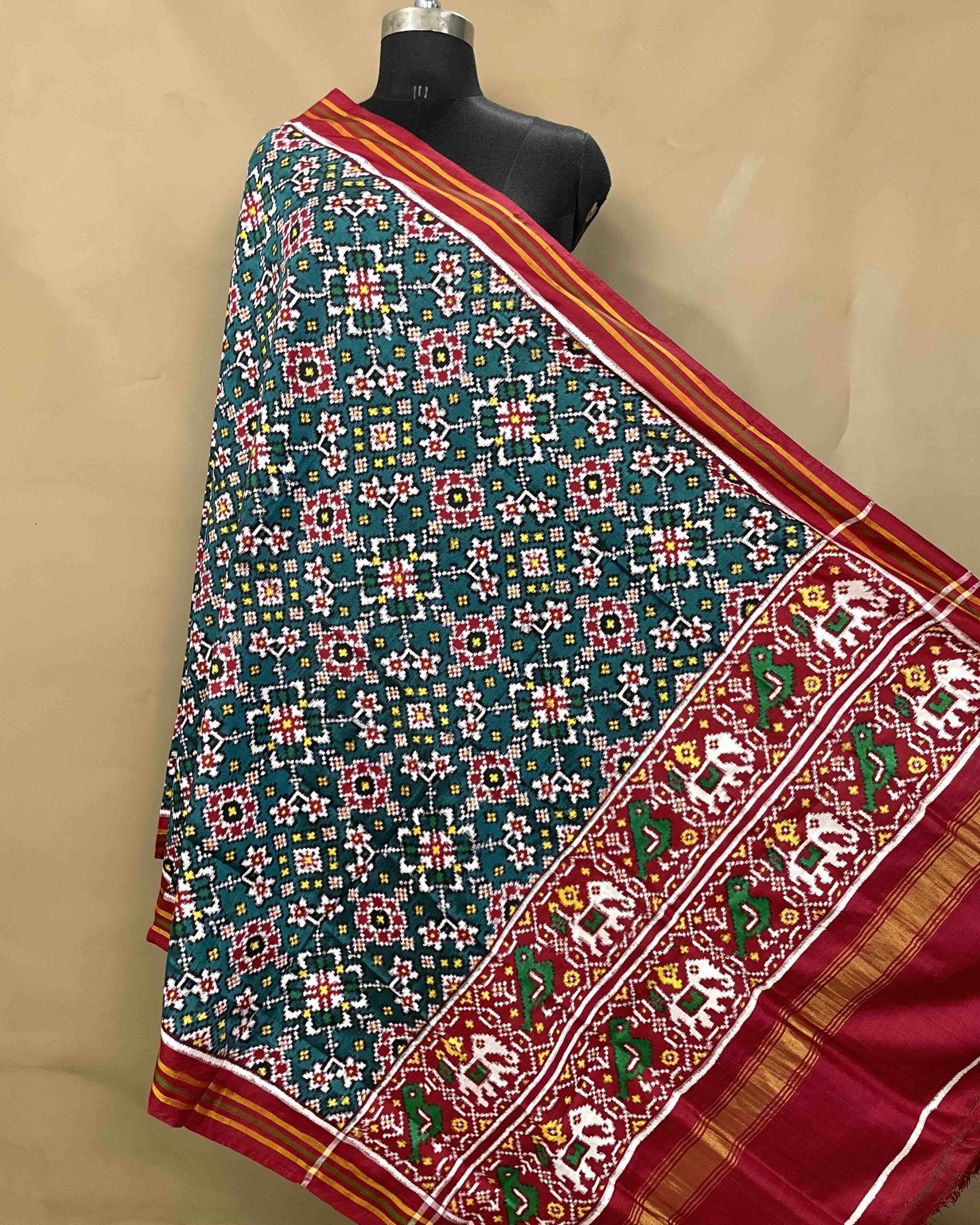 Red & Turquoise Navratan Designer Patola Dupatta - SindhoiPatolaArt