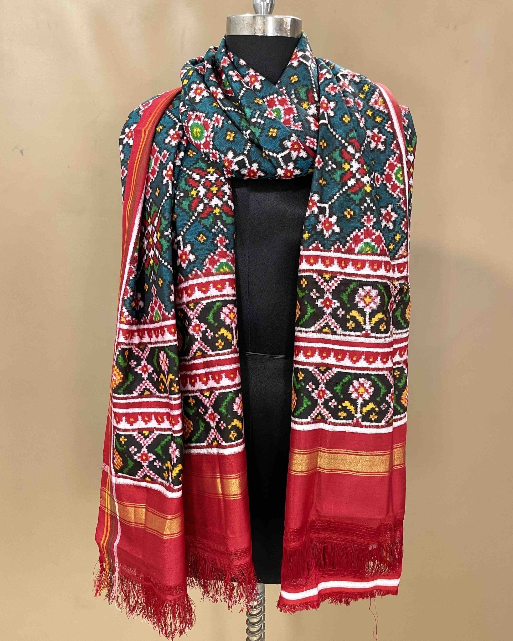 Red & Turquoise Navratan Designer Patola Dupatta - SindhoiPatolaArt