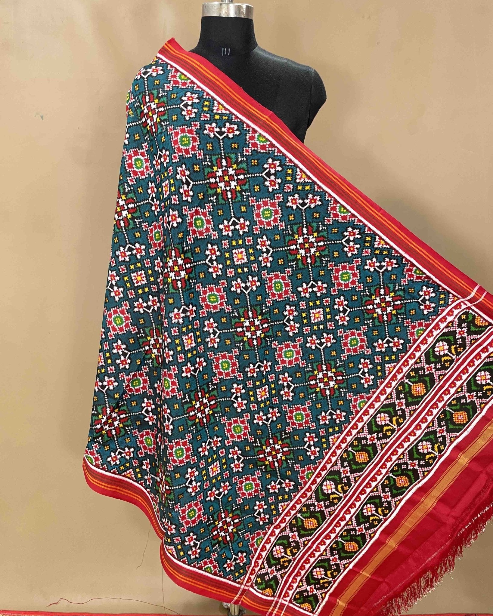Red & Turquoise Navratan Designer Patola Dupatta - SindhoiPatolaArt