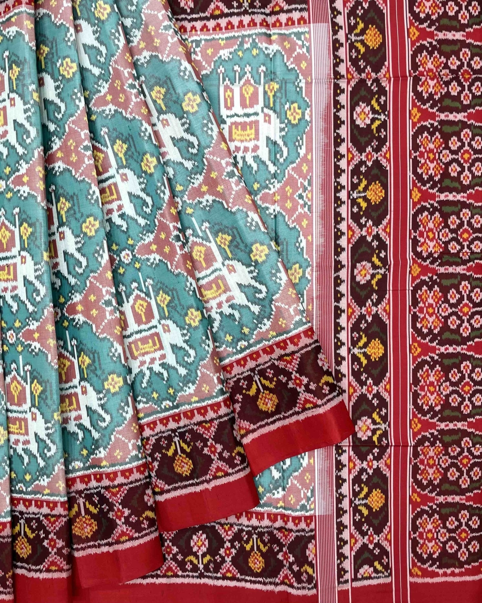 Red & Turquoise White Elephant Chhabdi Designer Patola Saree - SindhoiPatolaArt