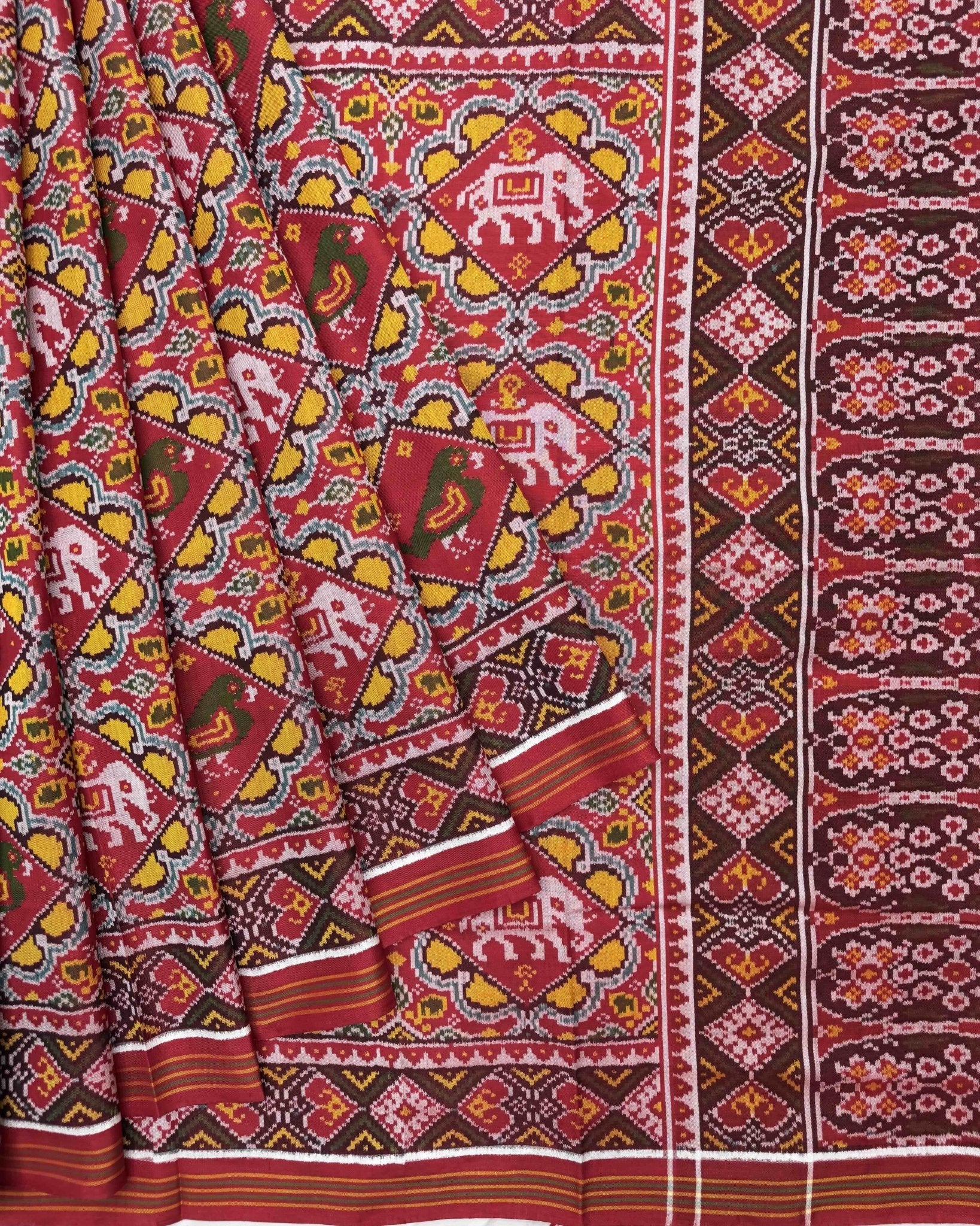 Red & Yellow Big Figure Narikunj Semi Double Ikat Patola Saree - SindhoiPatolaArt