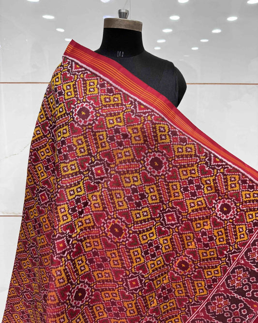 Red & Yellow Manekchowk Semi Double Ikat Patola Dupatta - SindhoiPatolaArt