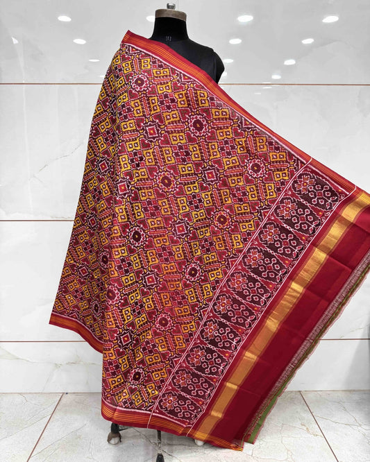Red & Yellow Manekchowk Semi Double Ikat Patola Dupatta - SindhoiPatolaArt