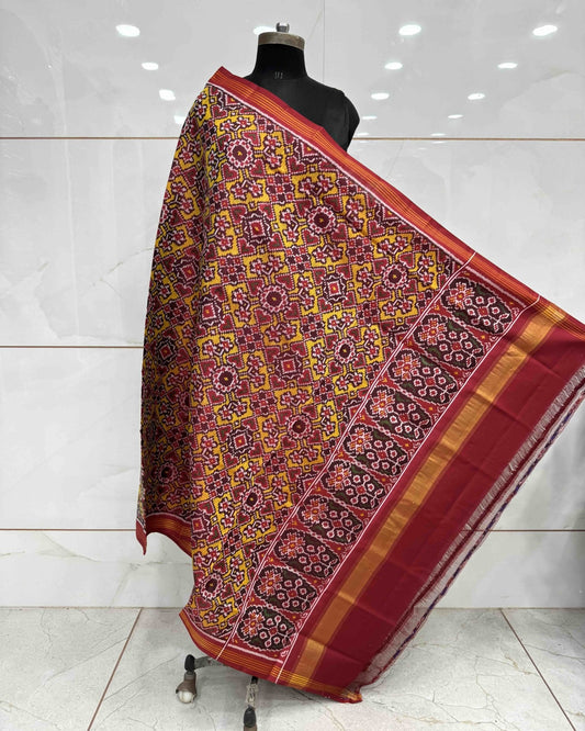 Red & Yellow Navratan Manekchowk Mix Semi Double Ikat Patola Dupatta - SindhoiPatolaArt