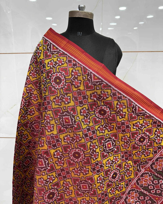 Red & Yellow Navratan Manekchowk Mix Semi Double Ikat Patola Dupatta - SindhoiPatolaArt