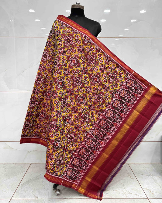 Red & Yellow Navratan Manekchowk Semi Double Ikat Patola Dupatta - SindhoiPatolaArt