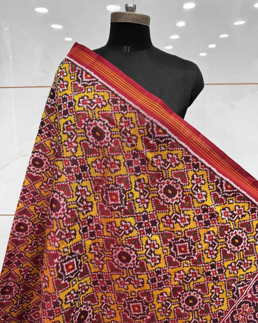 Red & Yellow Navratan Manekchowk Semi Double Ikat Patola Dupatta - SindhoiPatolaArt