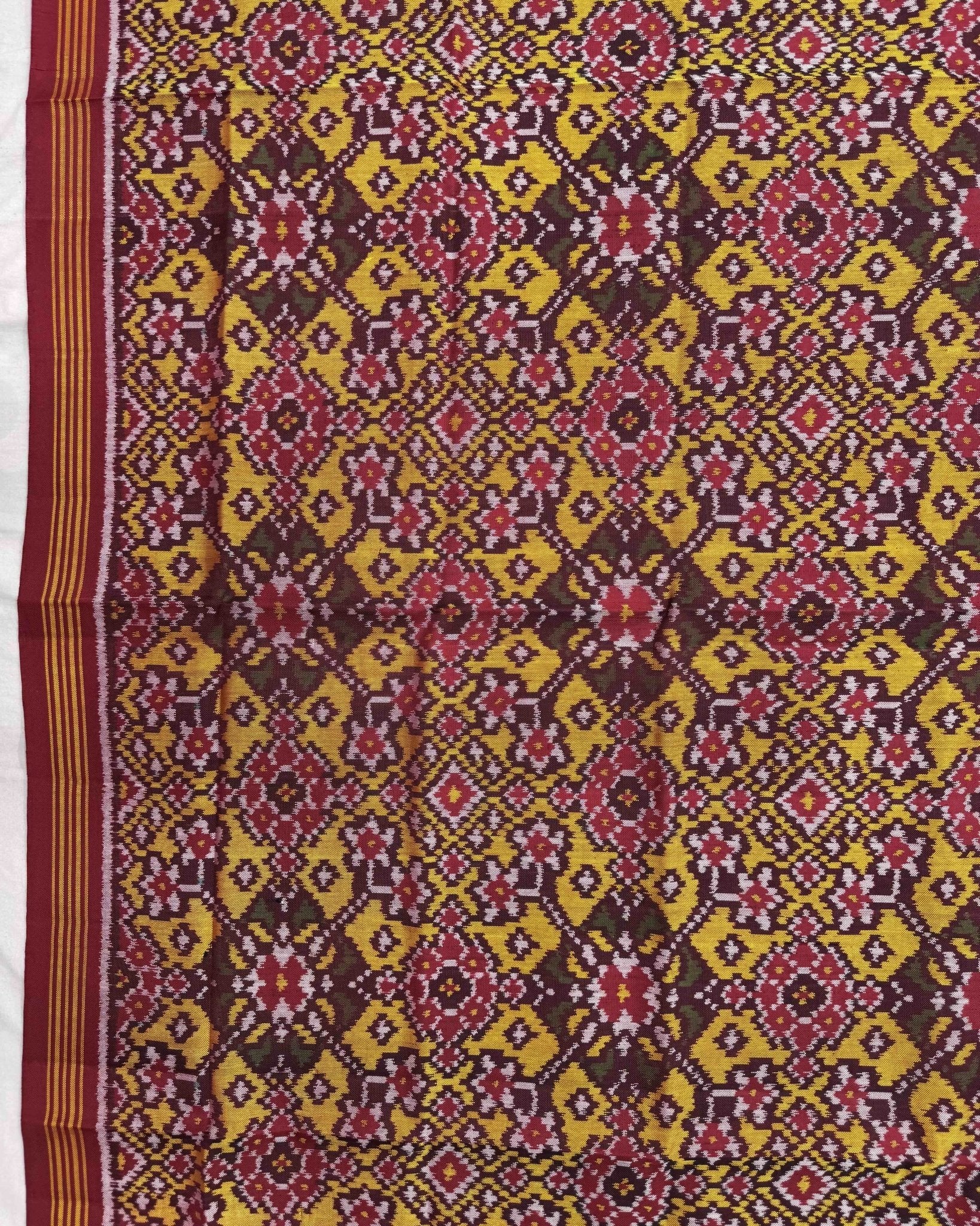 Red & Yellow Navratan Semi Double Ikat Patola Dupatta - SindhoiPatolaArt