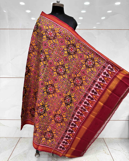 Red & Yellow Navratan Semi Double Ikat Patola Dupatta - SindhoiPatolaArt