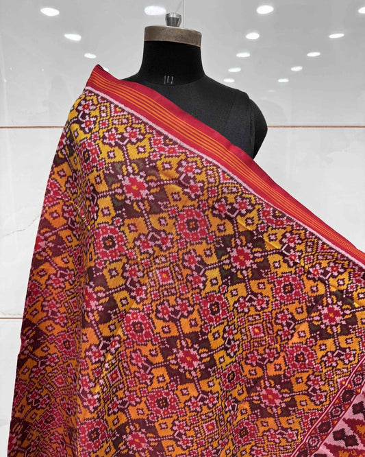 Red & Yellow Navratan Semi Double Ikat Patola Dupatta - SindhoiPatolaArt