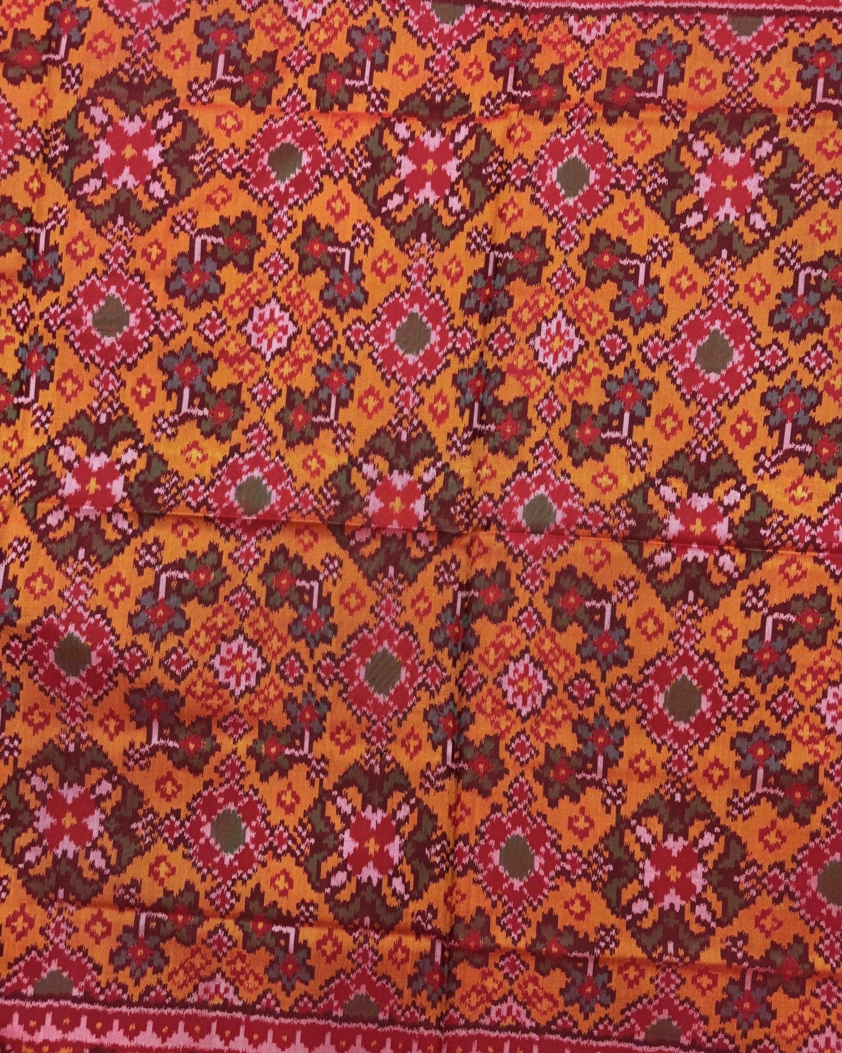 Red & Yellow Navratan Semi Double Ikat Patola Saree - SindhoiPatolaArt