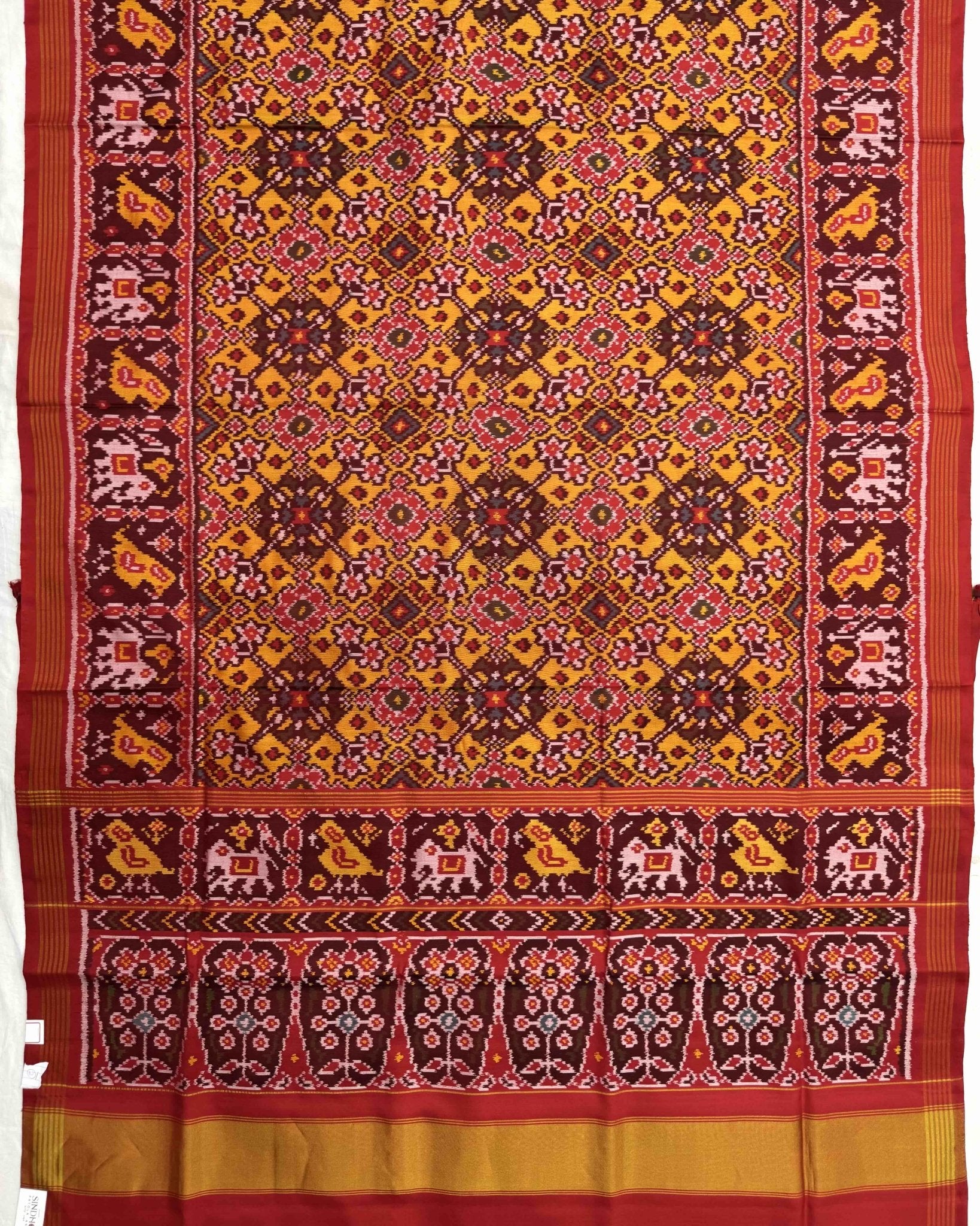 Red & Yellow Navratan Semi Double Ikat Patola Saree - SindhoiPatolaArt
