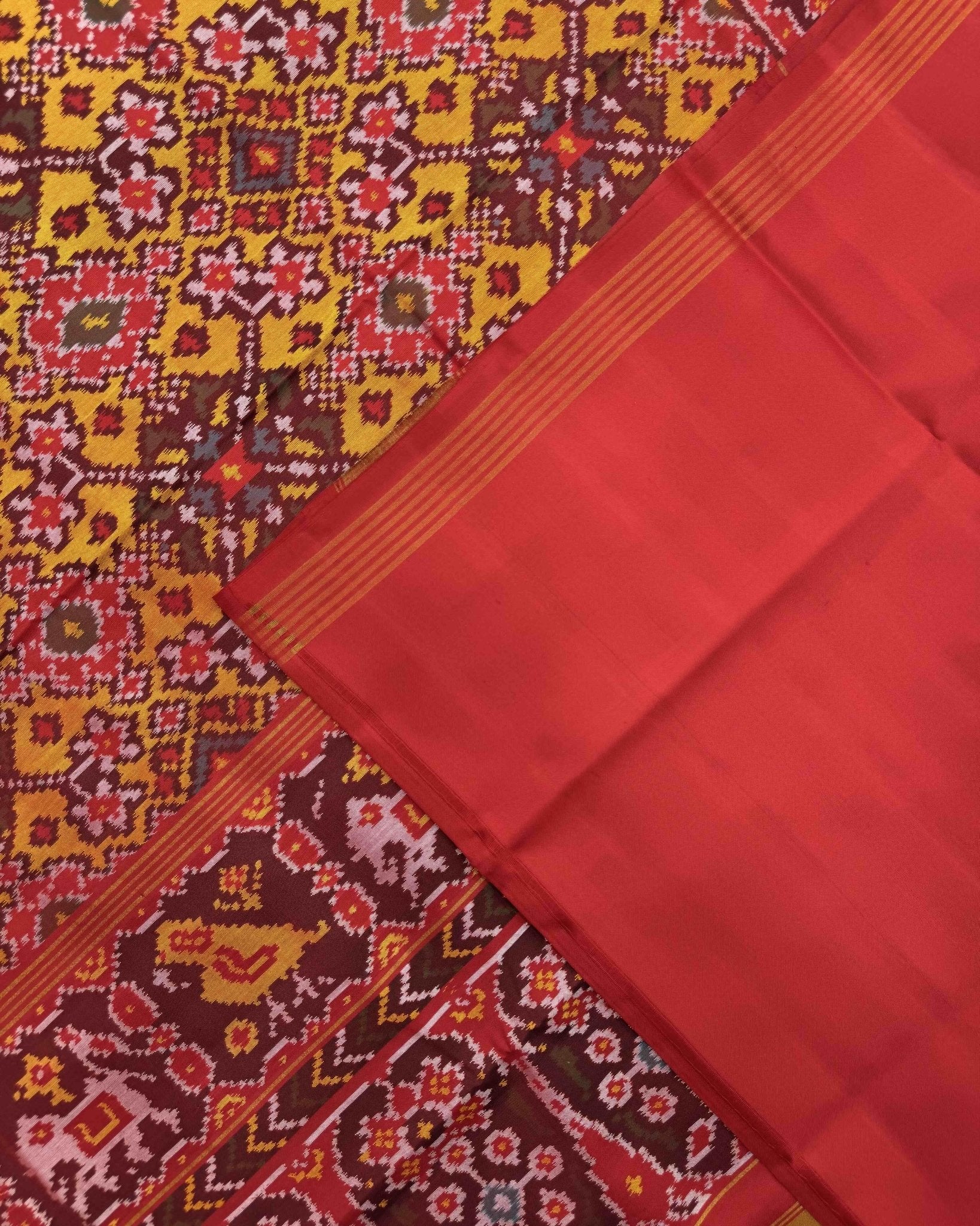 Red & Yellow Navratan Semi Double Ikat Patola Saree - SindhoiPatolaArt