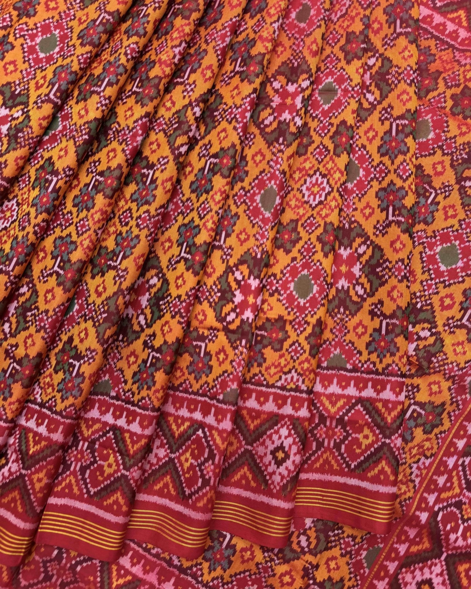 Red & Yellow Navratan Semi Double Ikat Patola Saree - SindhoiPatolaArt