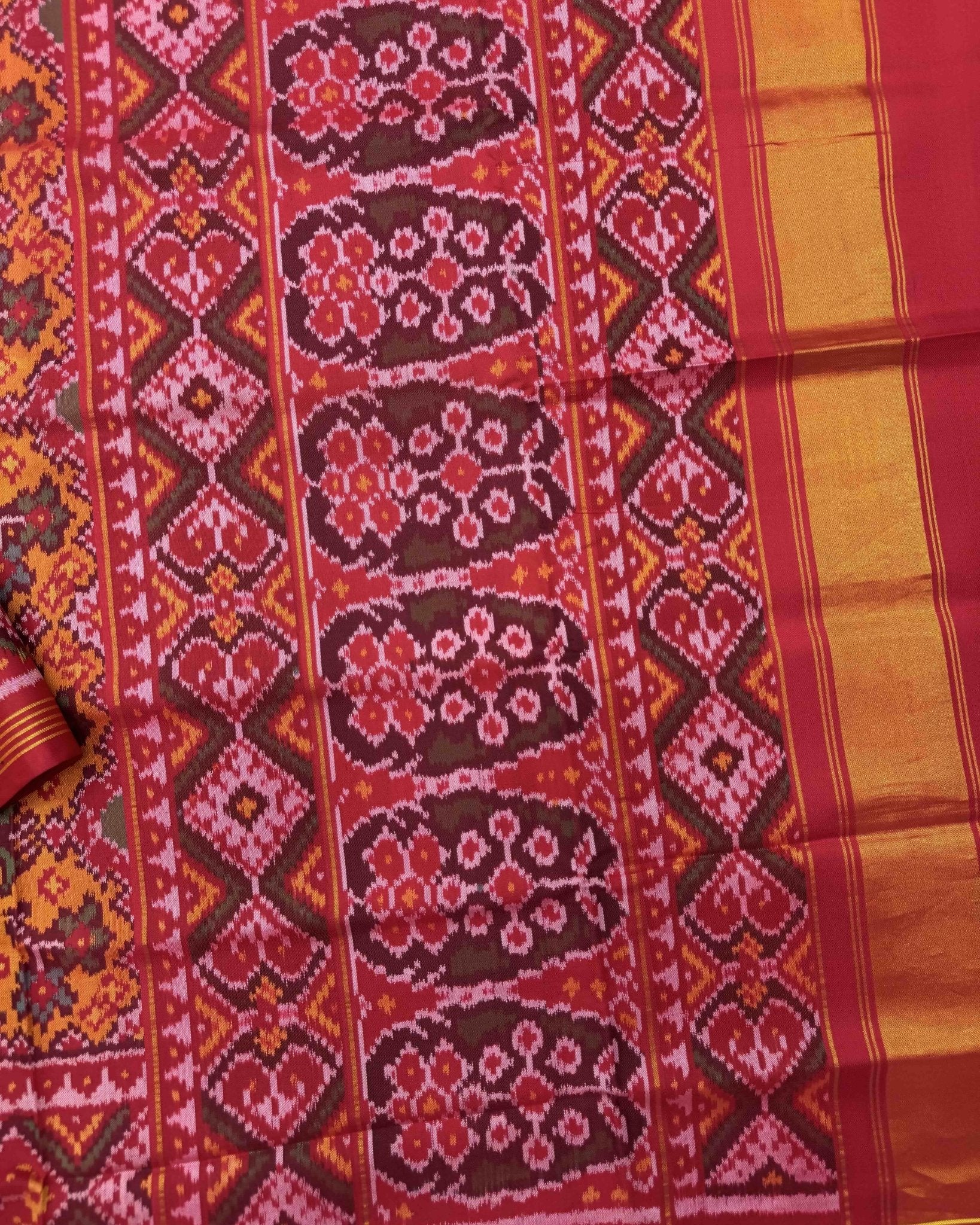 Red & Yellow Navratan Semi Double Ikat Patola Saree - SindhoiPatolaArt