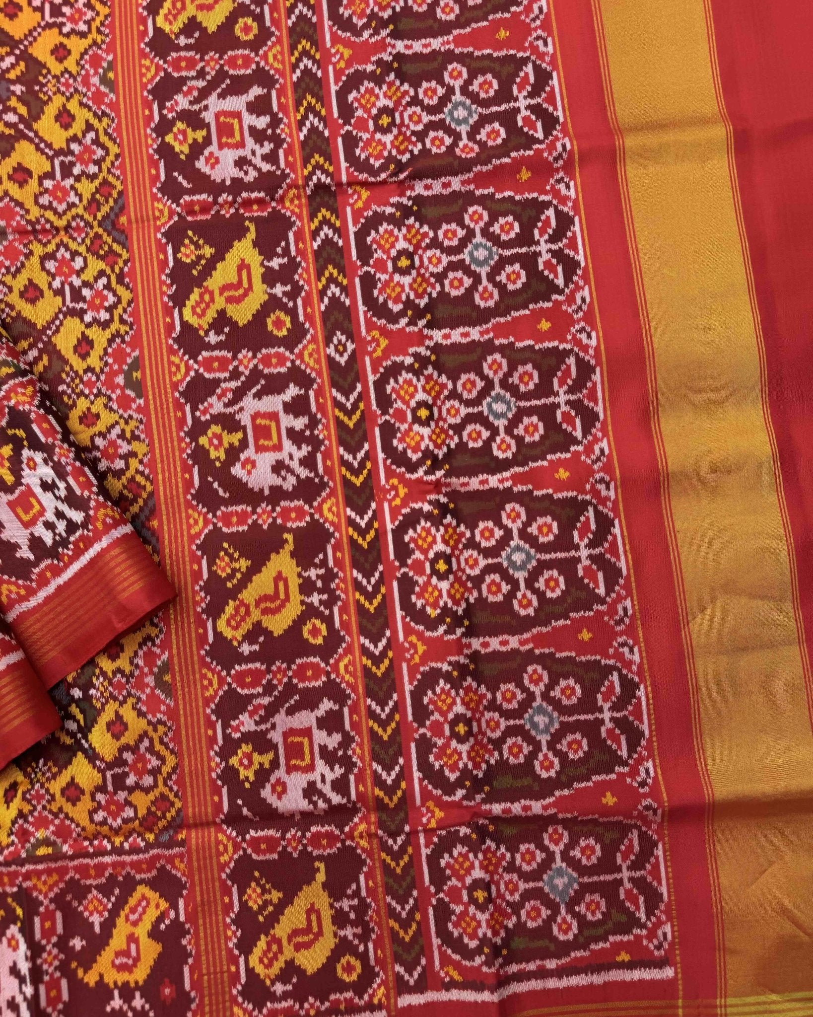 Red & Yellow Navratan Semi Double Ikat Patola Saree - SindhoiPatolaArt