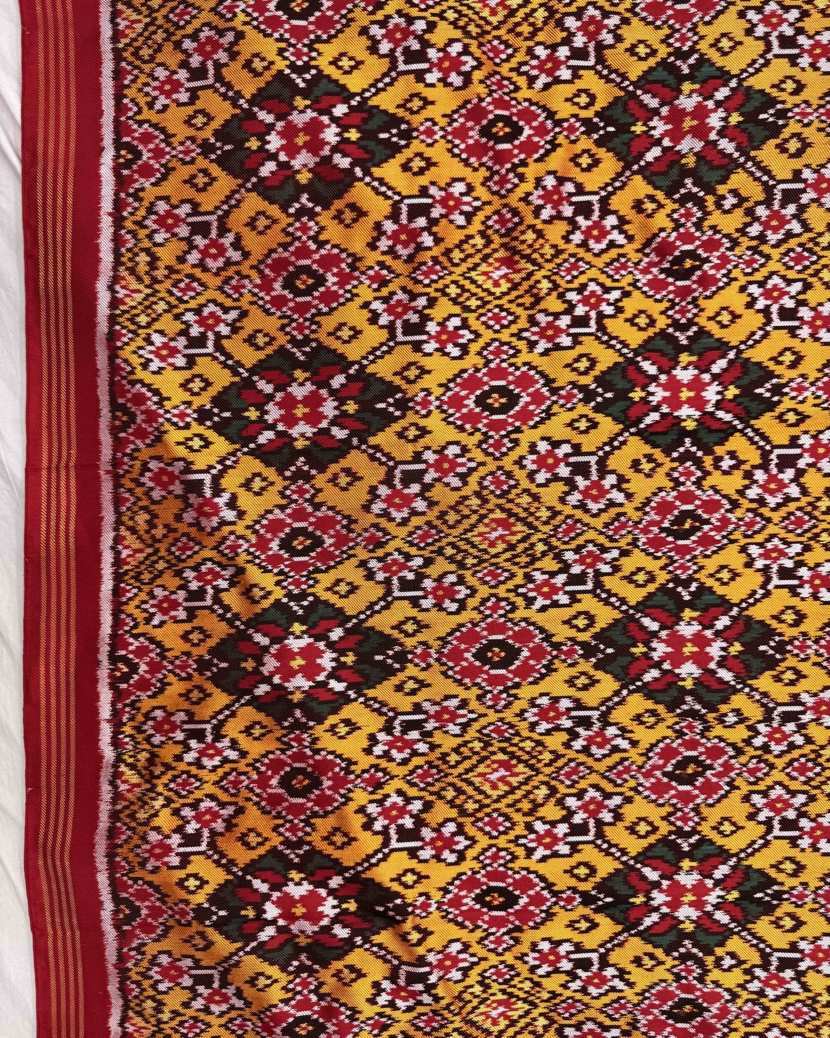 Red & Yellow Navratan Twill Patola Saree - SindhoiPatolaArt