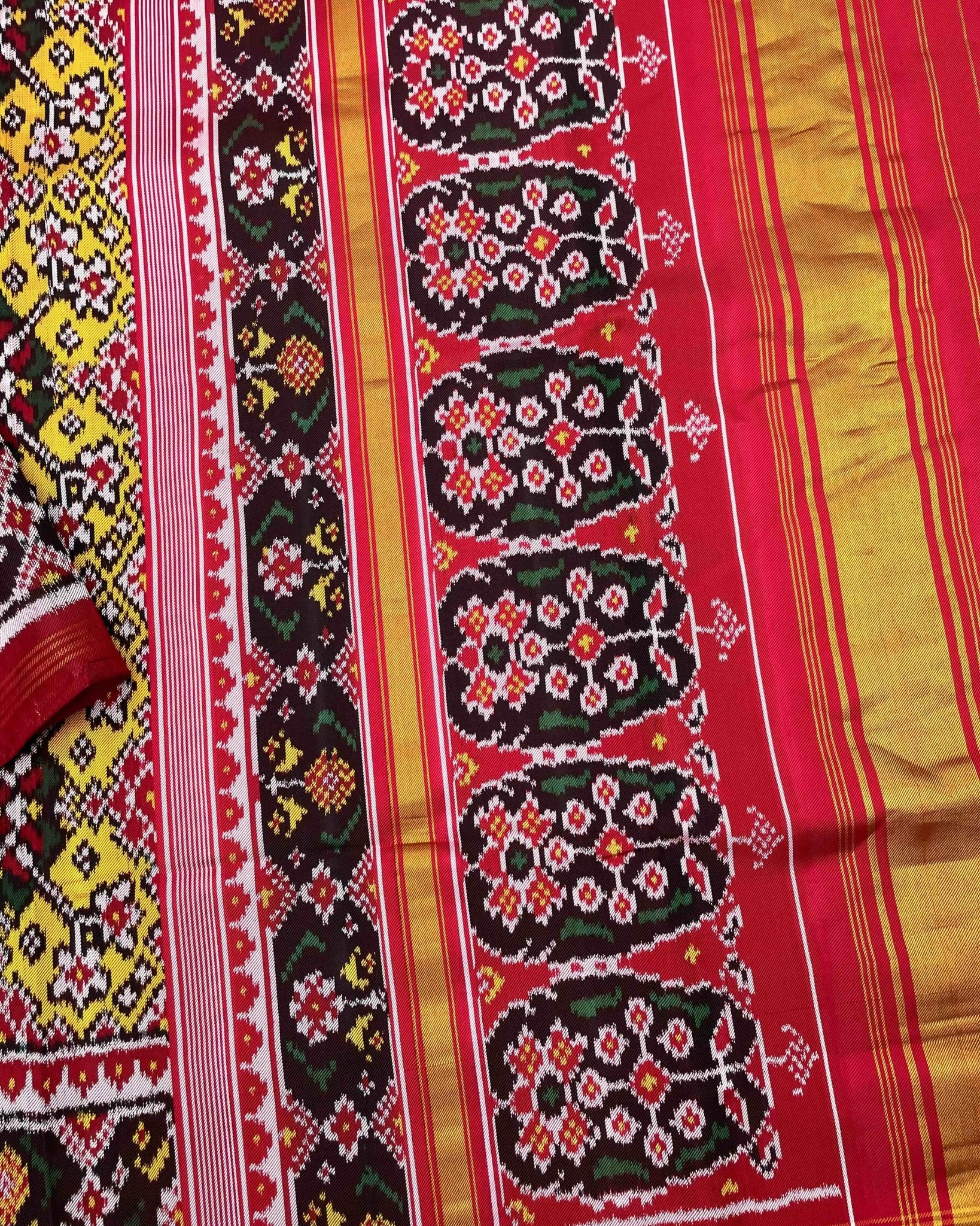 Red & Yellow Navratan Twill Patola Saree - SindhoiPatolaArt