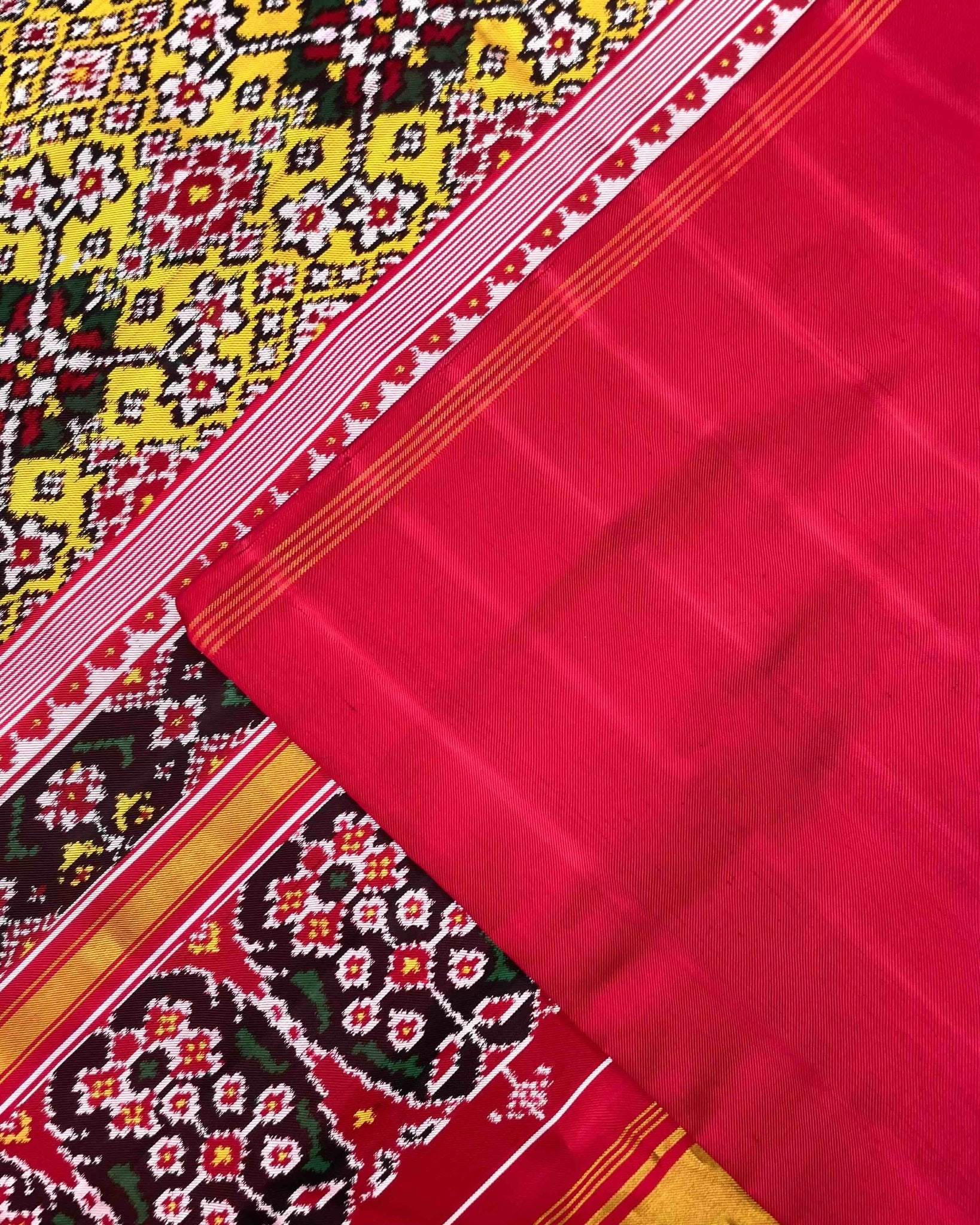 Red & Yellow Navratan Twill Patola Saree - SindhoiPatolaArt