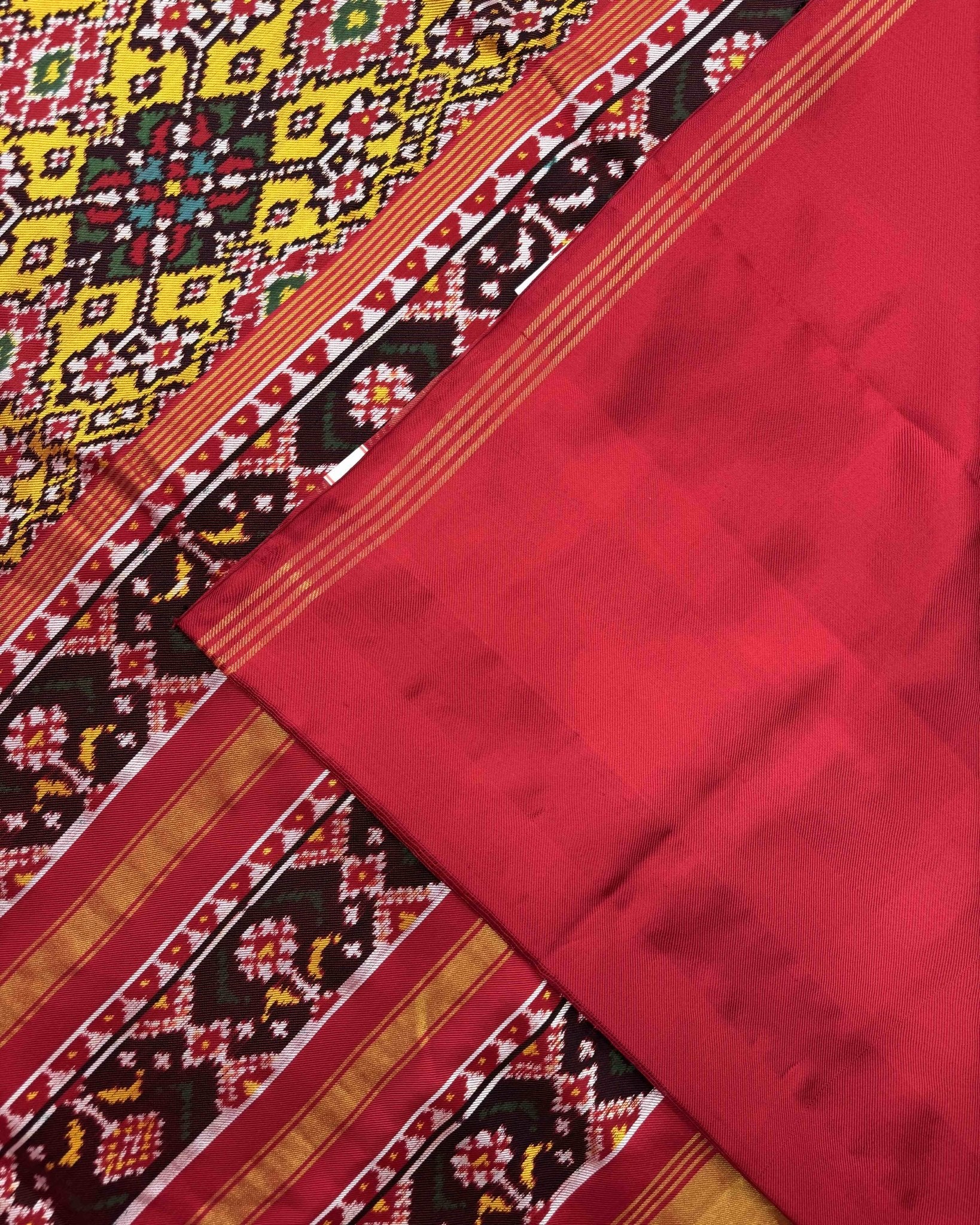 Red & Yellow Navratan Twill Patola Saree - SindhoiPatolaArt