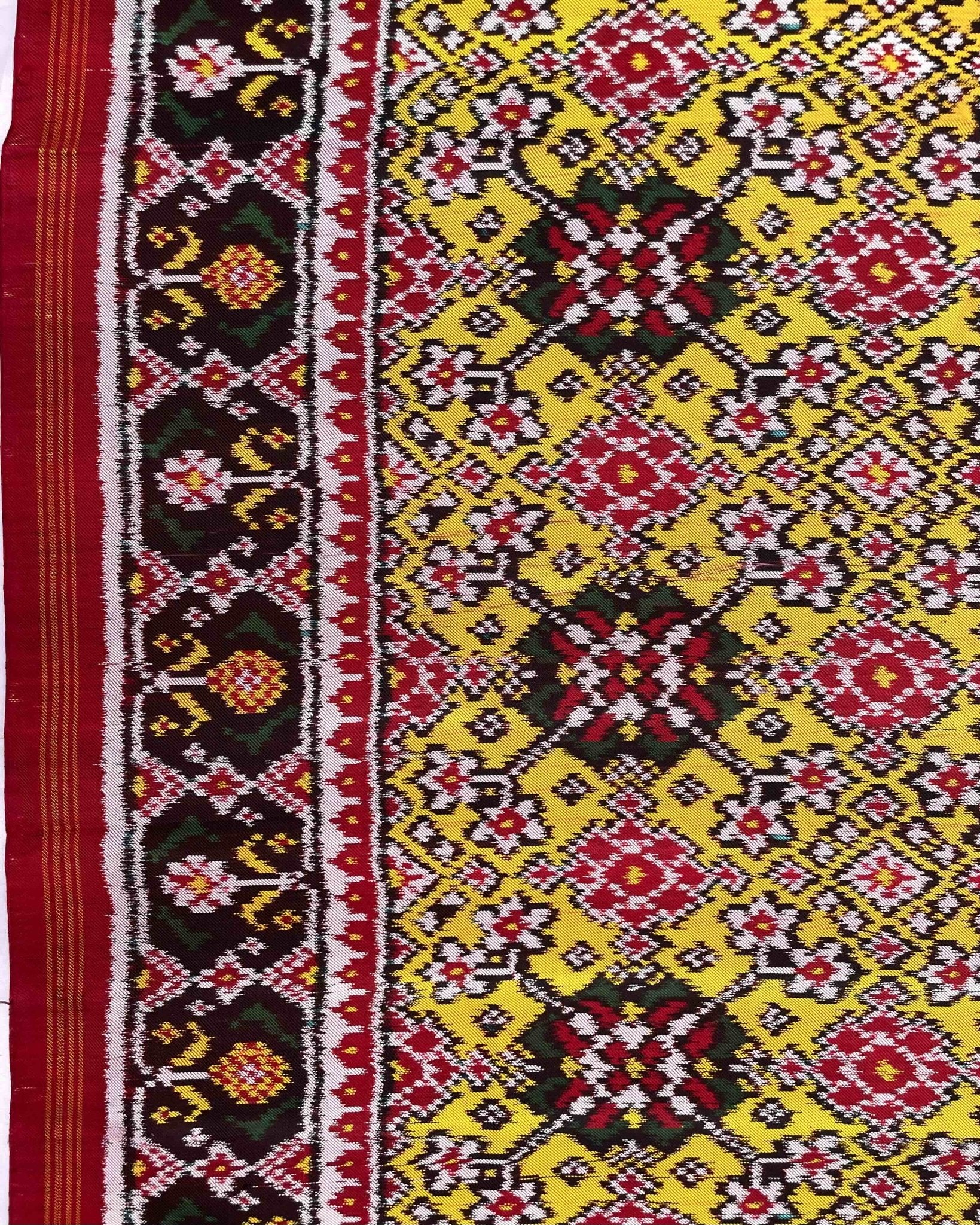 Red & Yellow Navratan Twill Patola Saree - SindhoiPatolaArt