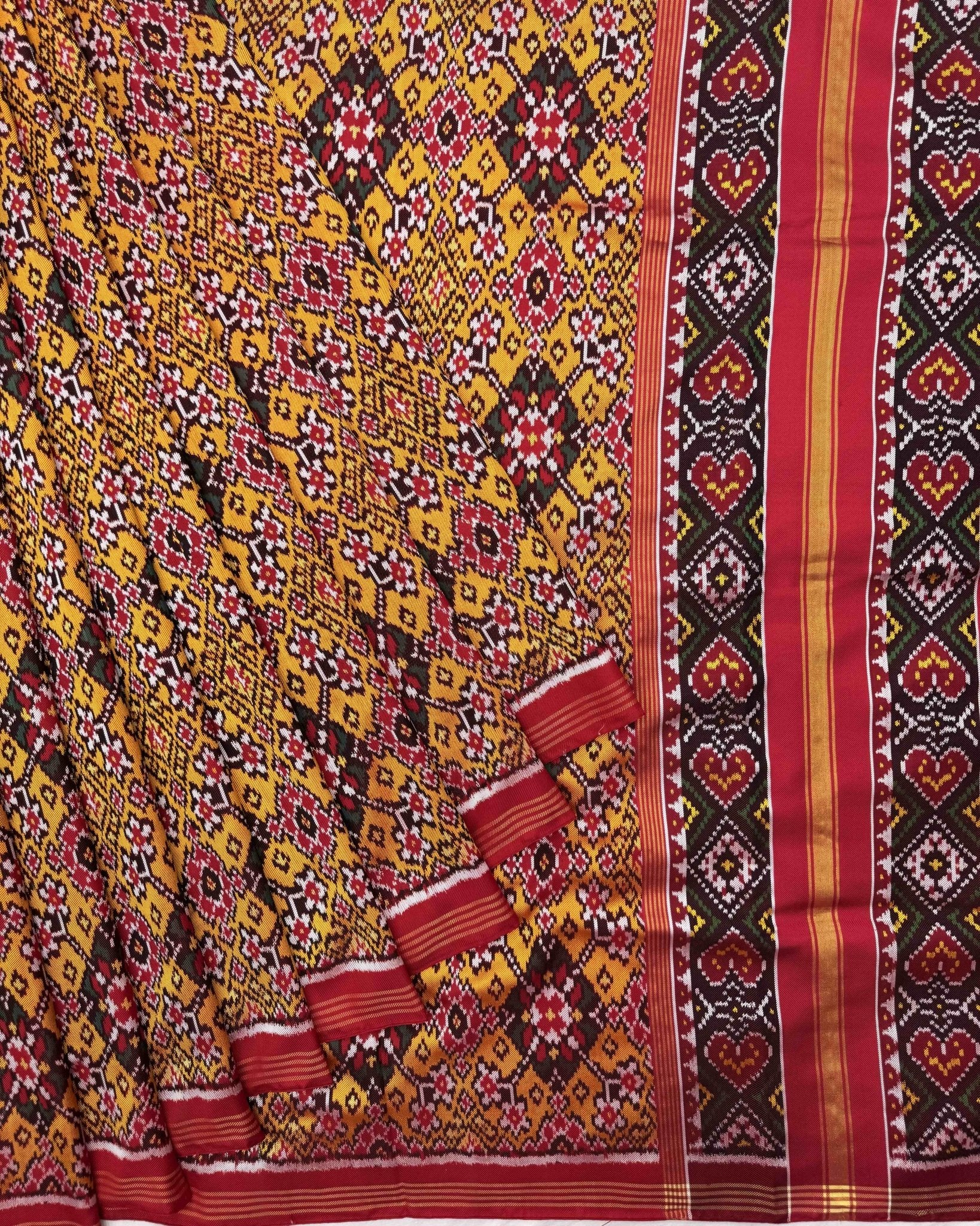 Red & Yellow Navratan Twill Patola Saree - SindhoiPatolaArt
