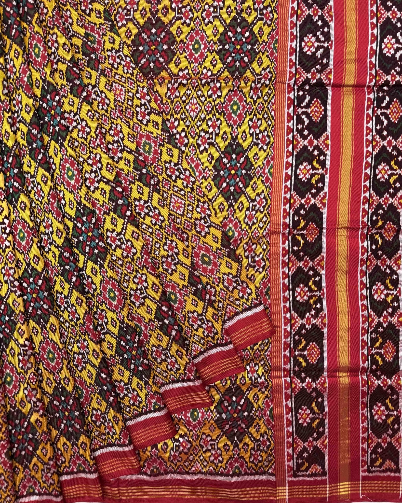 Red & Yellow Navratan Twill Patola Saree - SindhoiPatolaArt