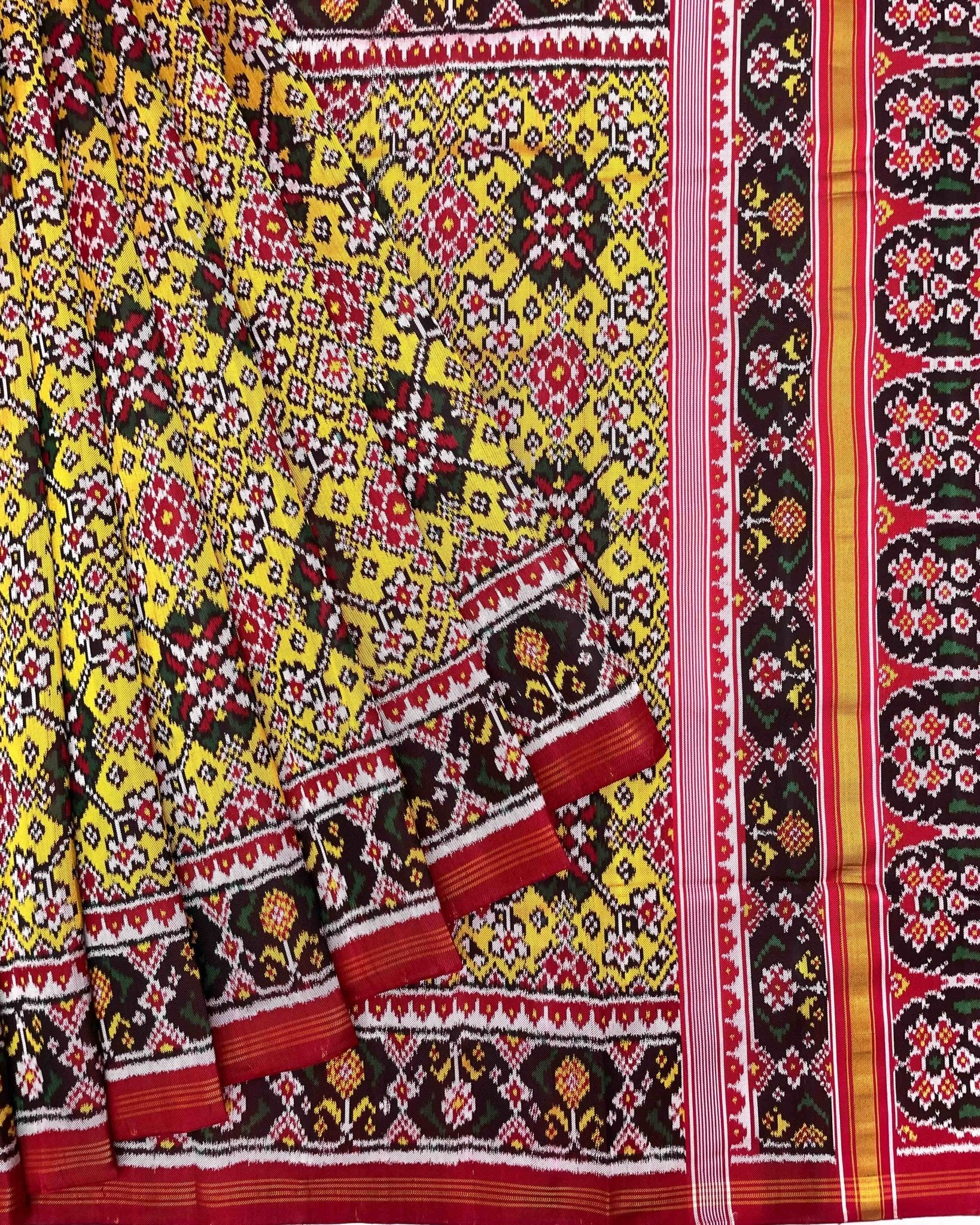 Red & Yellow Navratan Twill Patola Saree - SindhoiPatolaArt