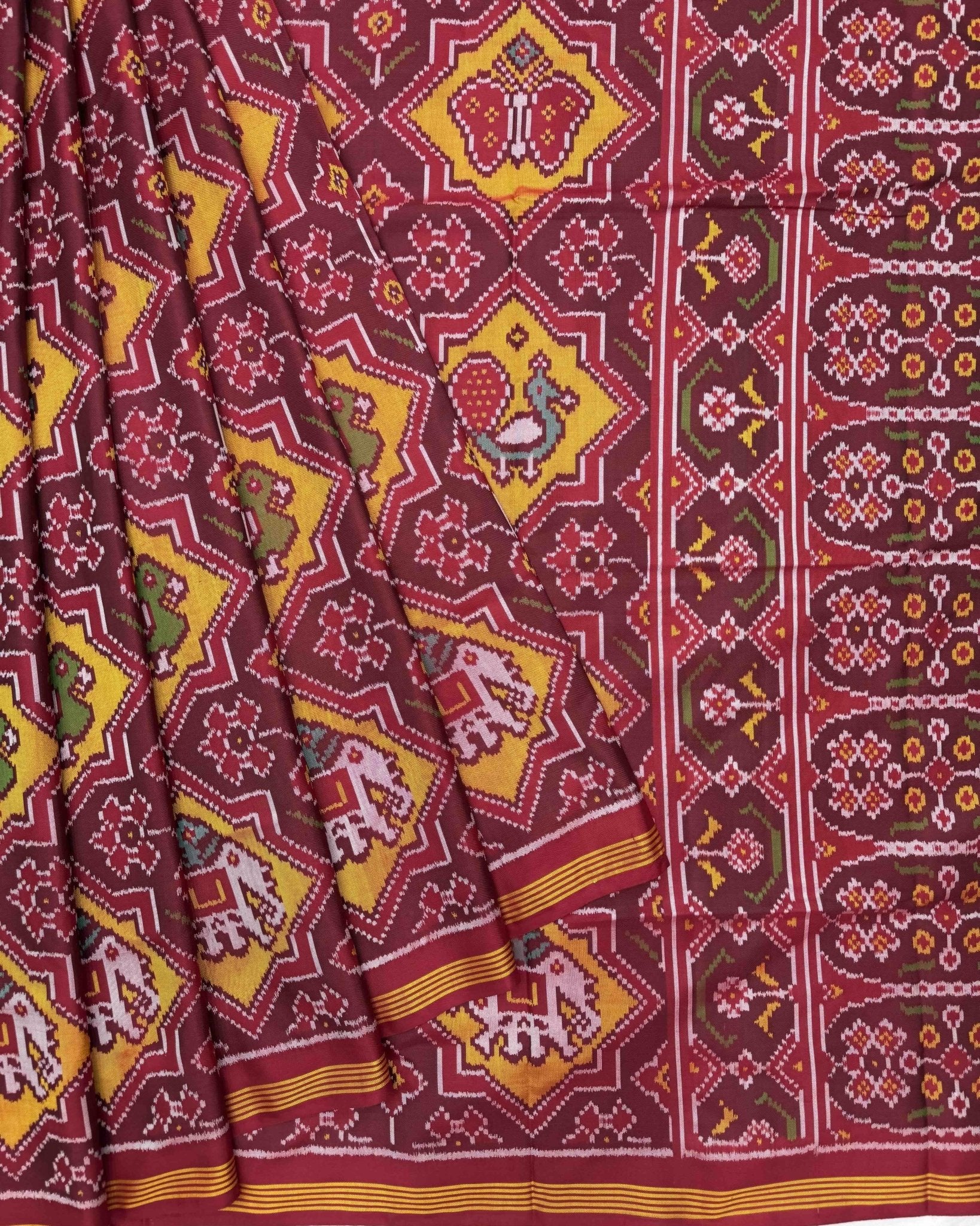 Red & Yellow Star Narikunj Semi Double Ikat Patola Saree - SindhoiPatolaArt