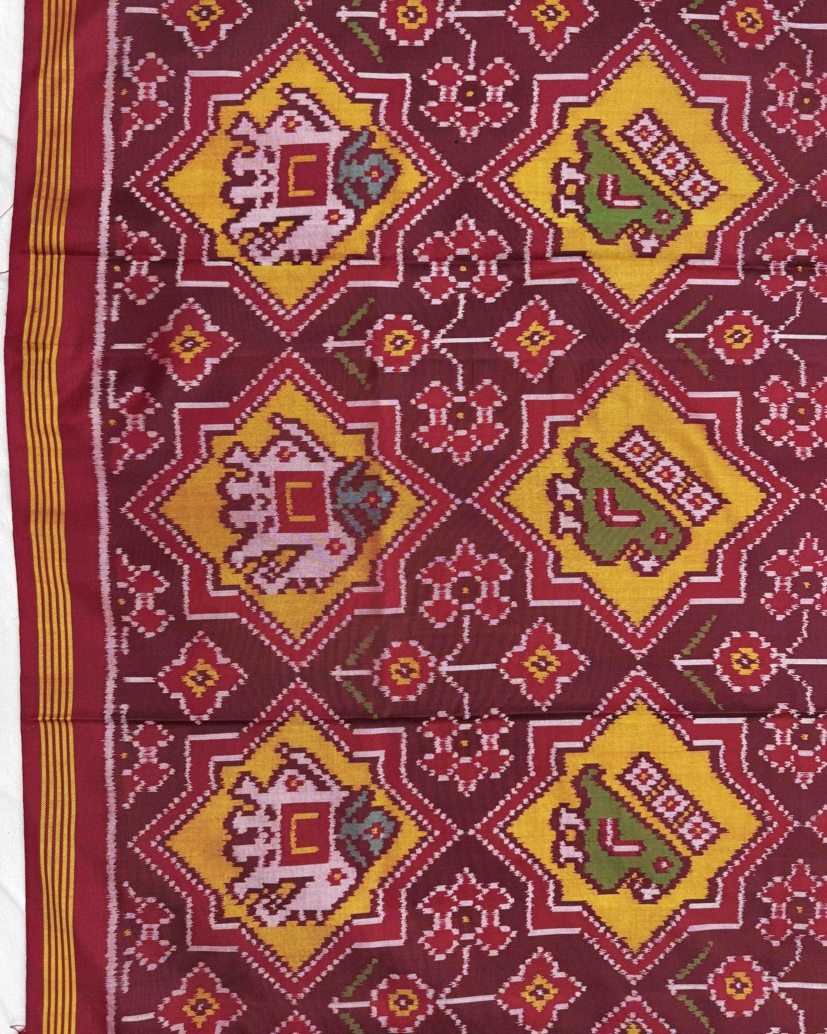 Red & Yellow Star Narikunj Semi Double Ikat Patola Saree - SindhoiPatolaArt