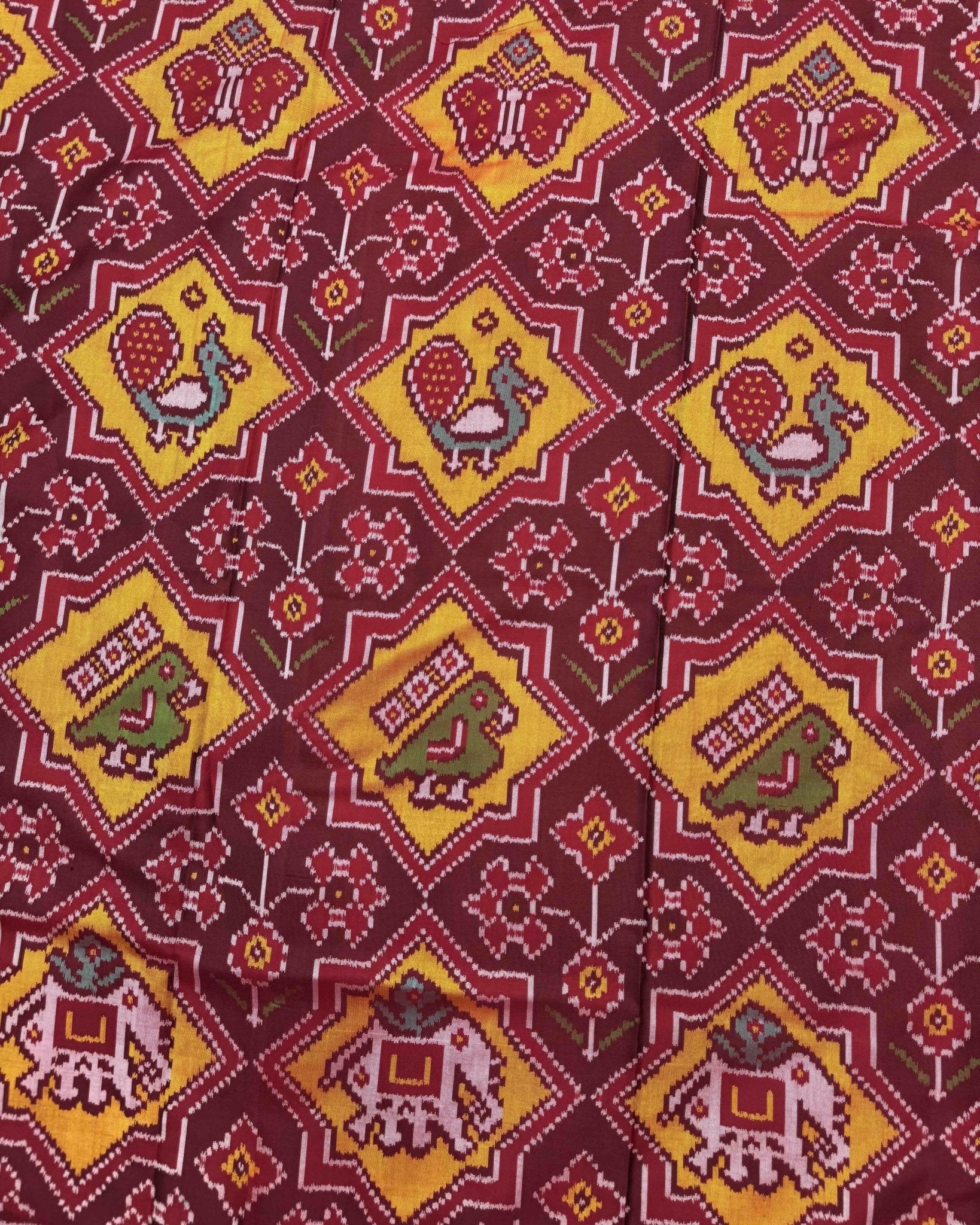 Red & Yellow Star Narikunj Semi Double Ikat Patola Saree - SindhoiPatolaArt