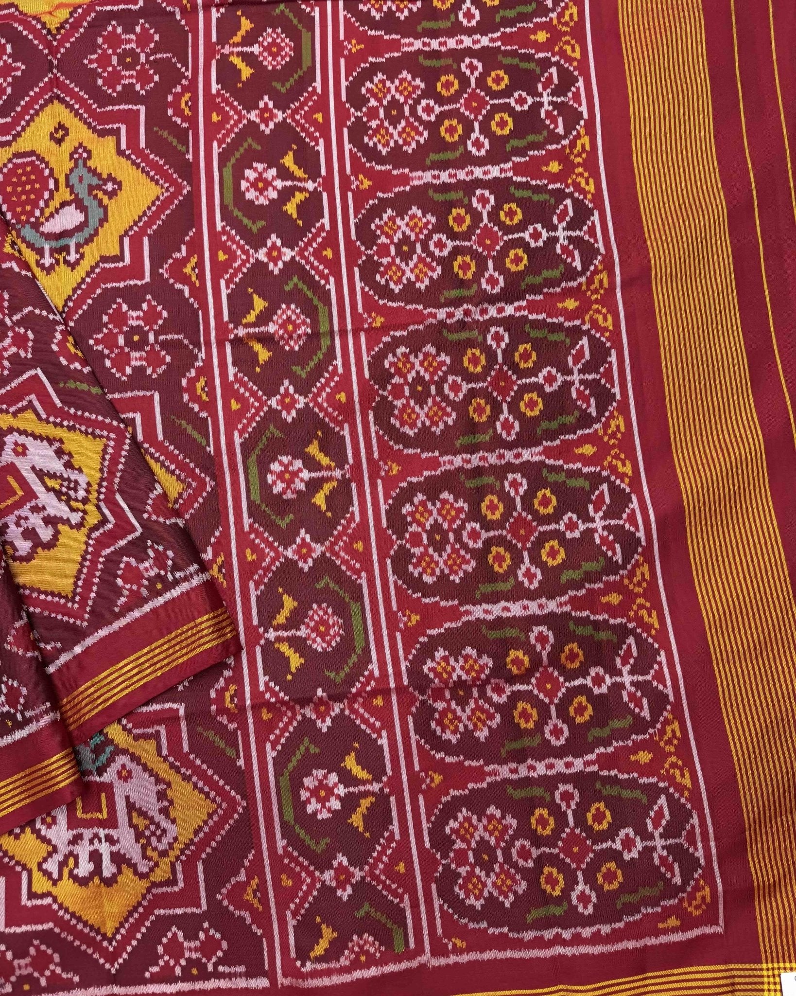 Red & Yellow Star Narikunj Semi Double Ikat Patola Saree - SindhoiPatolaArt