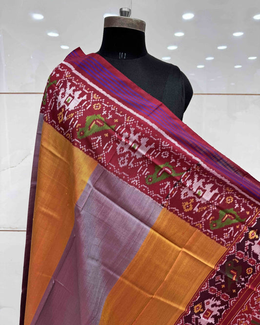 Red & Yellow with Grey Plain Patta Semi Double Ikat Patola Dupatta - SindhoiPatolaArt