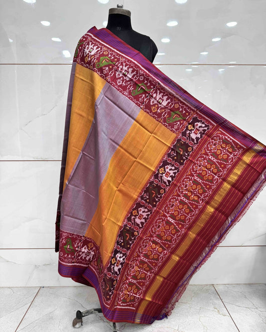 Red & Yellow with Grey Plain Patta Semi Double Ikat Patola Dupatta - SindhoiPatolaArt