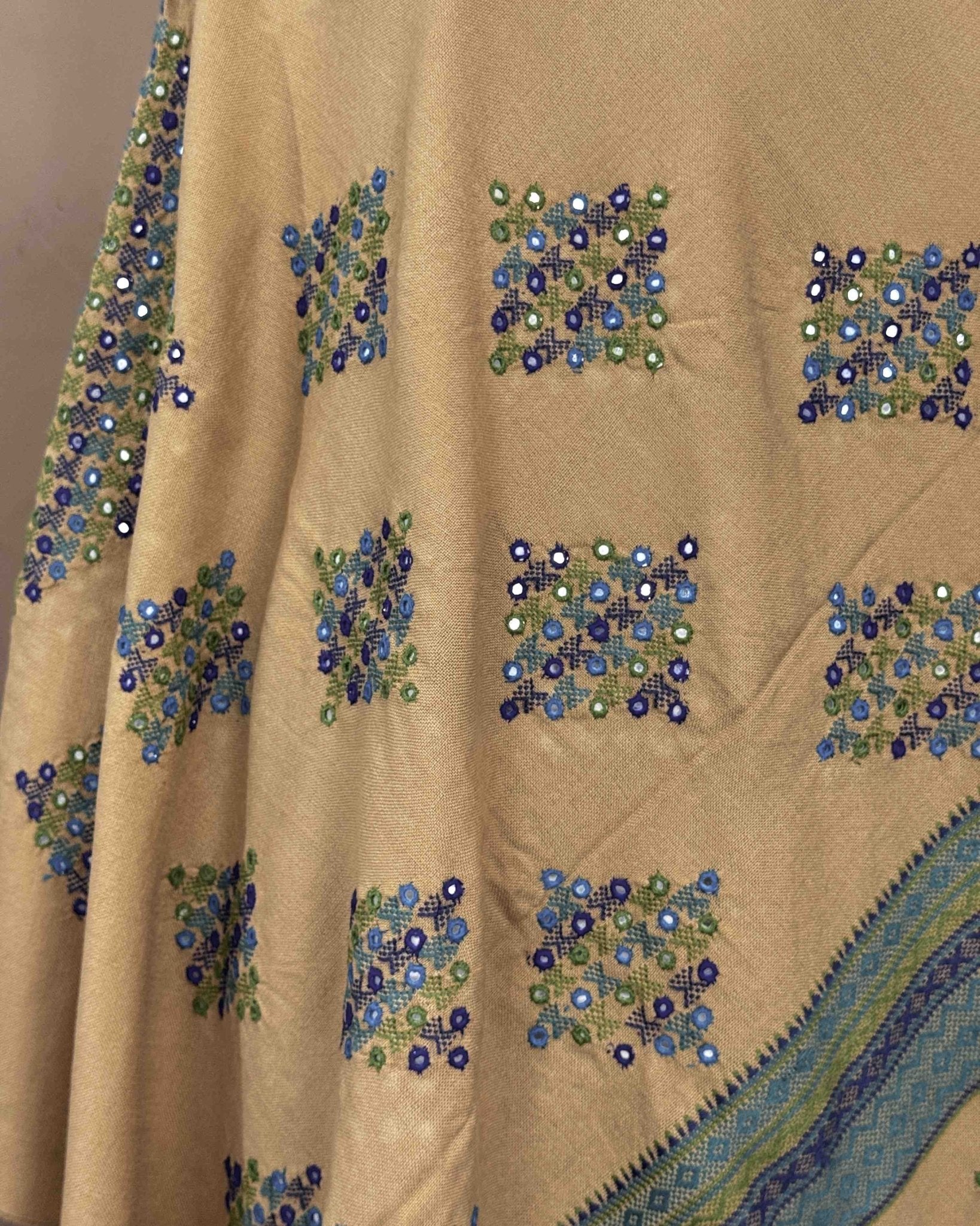 Sand Coloured Heavy Butta & Mirror Work Kutchi Woolen Shawl - SindhoiPatolaArt