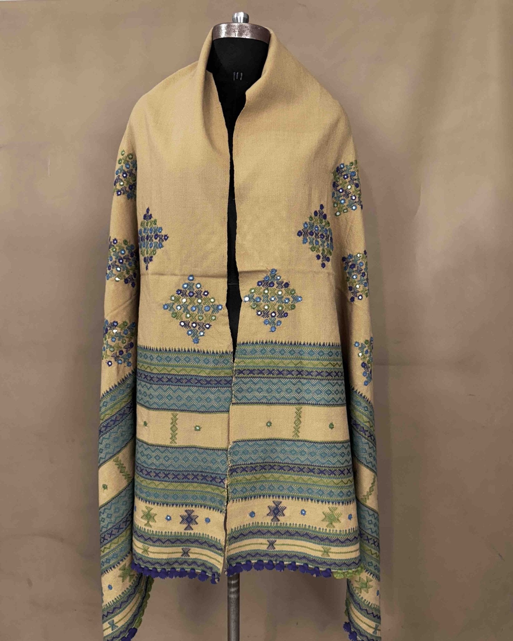 Sand Coloured Heavy Butta & Mirror Work Kutchi Woolen Shawl - SindhoiPatolaArt
