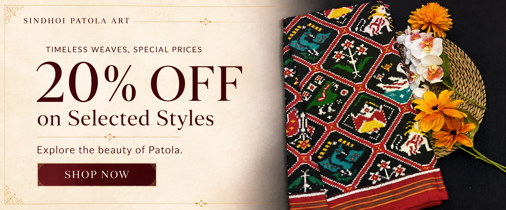 Sindhoi Patola Art — 20% off on selected styles, featuring Red and Black Narikunj Double Ikat Patola saree