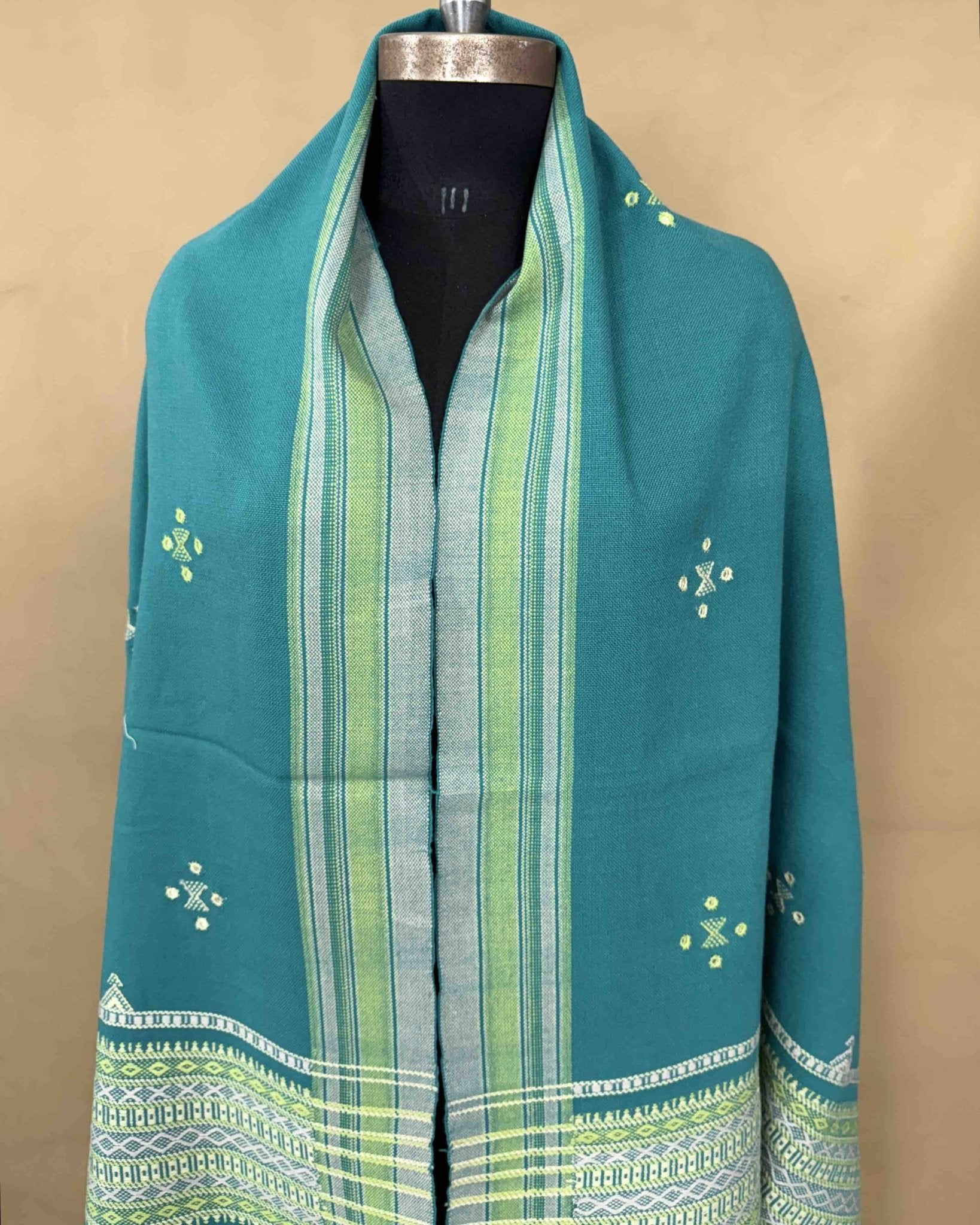 Sky Blue Chomukh Mirror Kutchi Woolen Shawl - SindhoiPatolaArt