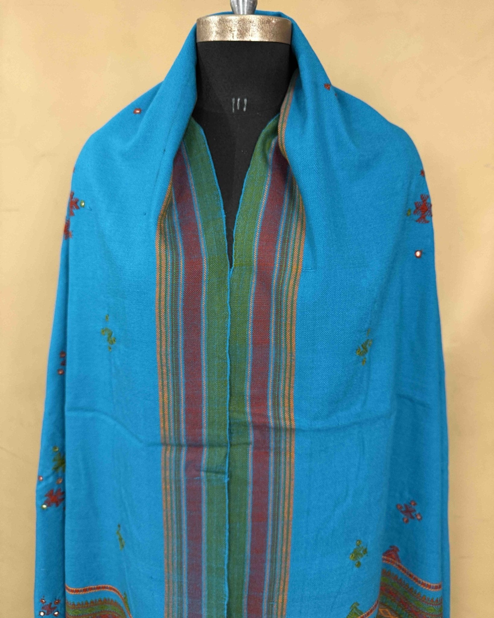 Sky Blue Chomukh Mirror Kutchi Woolen Shawl - SindhoiPatolaArt
