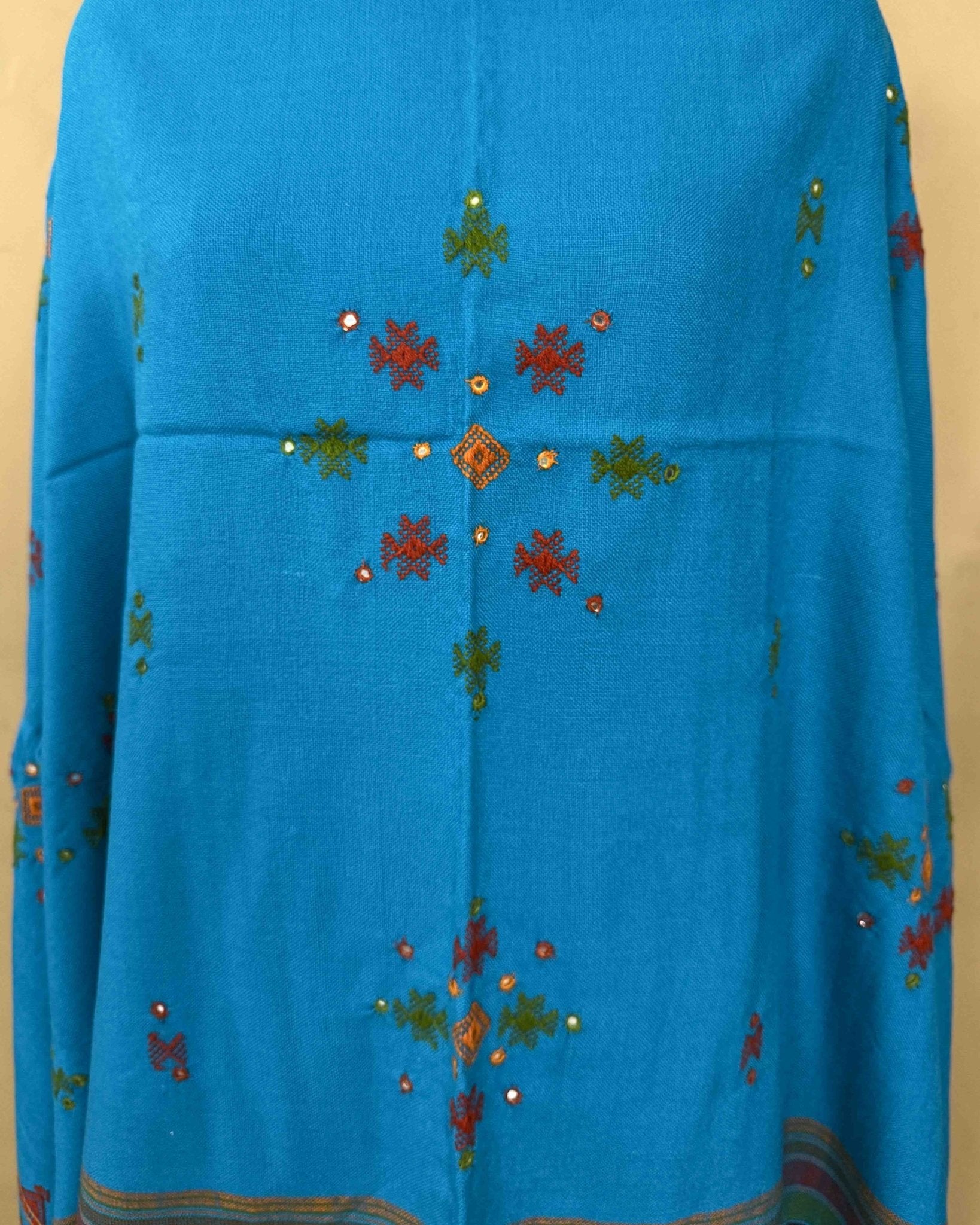 Sky Blue Chomukh Mirror Kutchi Woolen Shawl - SindhoiPatolaArt