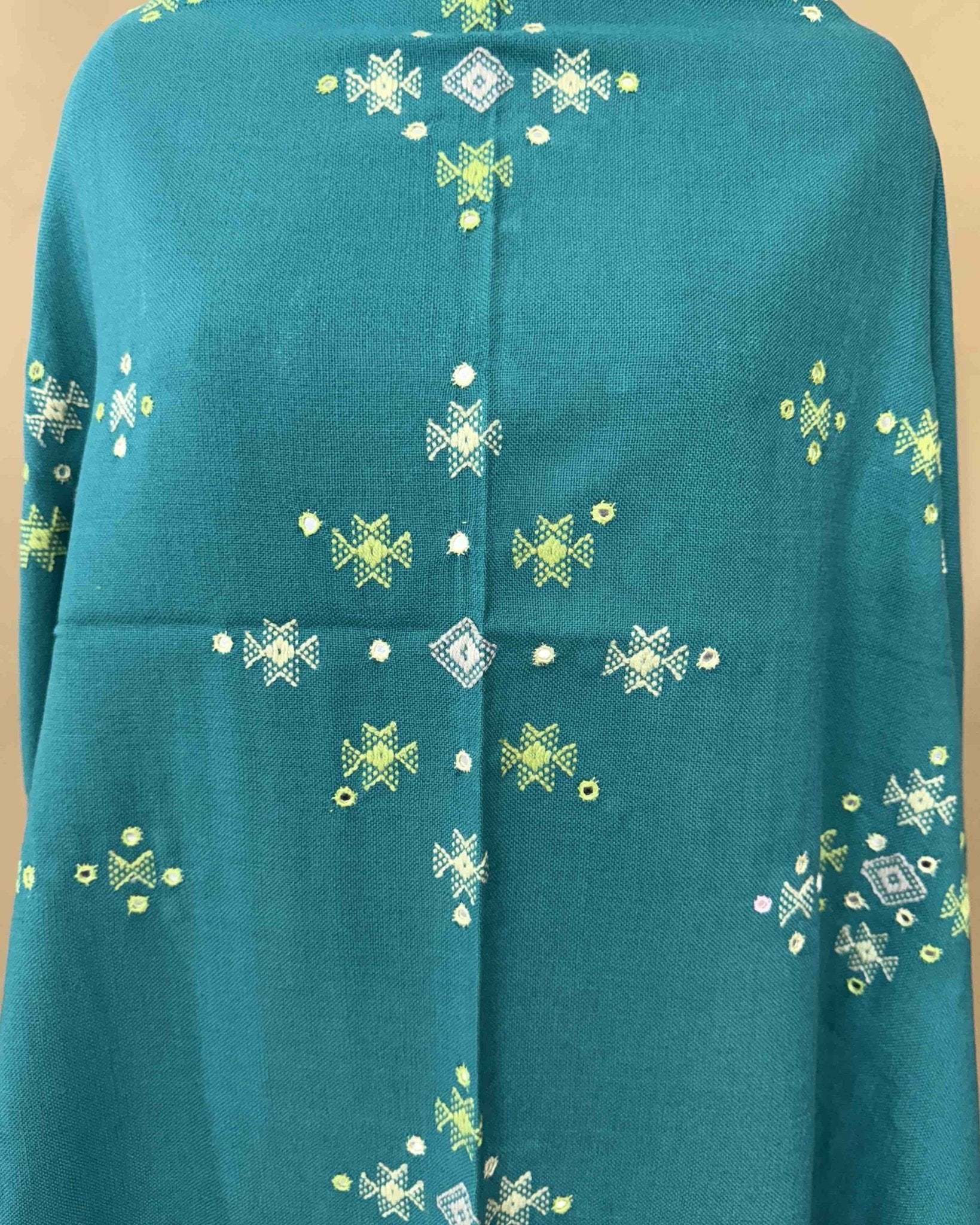 Sky Blue Chomukh Mirror Kutchi Woolen Shawl - SindhoiPatolaArt