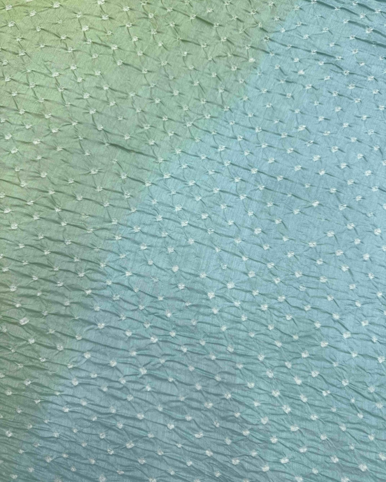 Sky Blue & Lemon Green Shaded Munga Silk Bandhani Saree - SindhoiPatolaArt