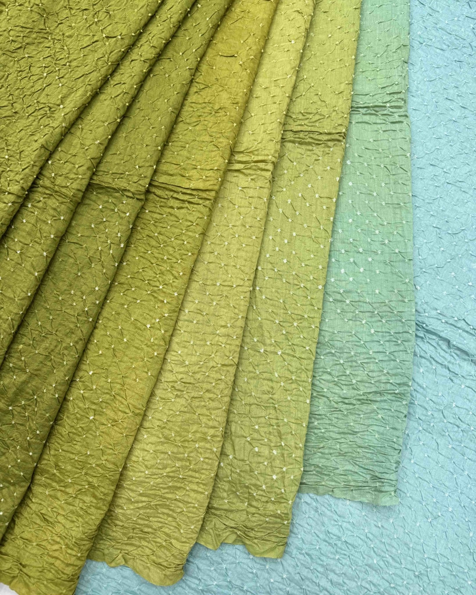 Sky Blue & Lemon Green Shaded Munga Silk Bandhani Saree - SindhoiPatolaArt