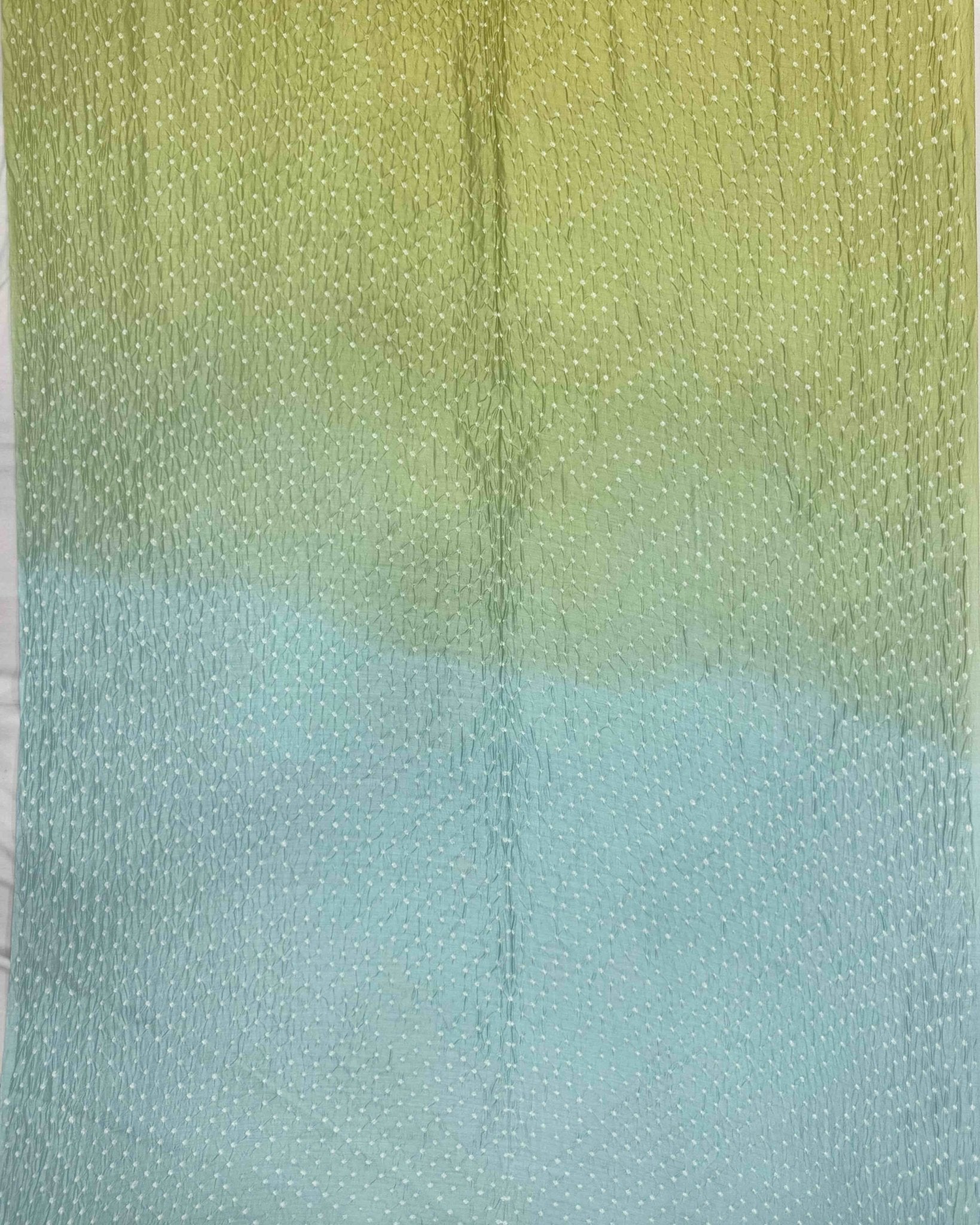 Sky Blue & Lemon Green Shaded Munga Silk Bandhani Saree - SindhoiPatolaArt