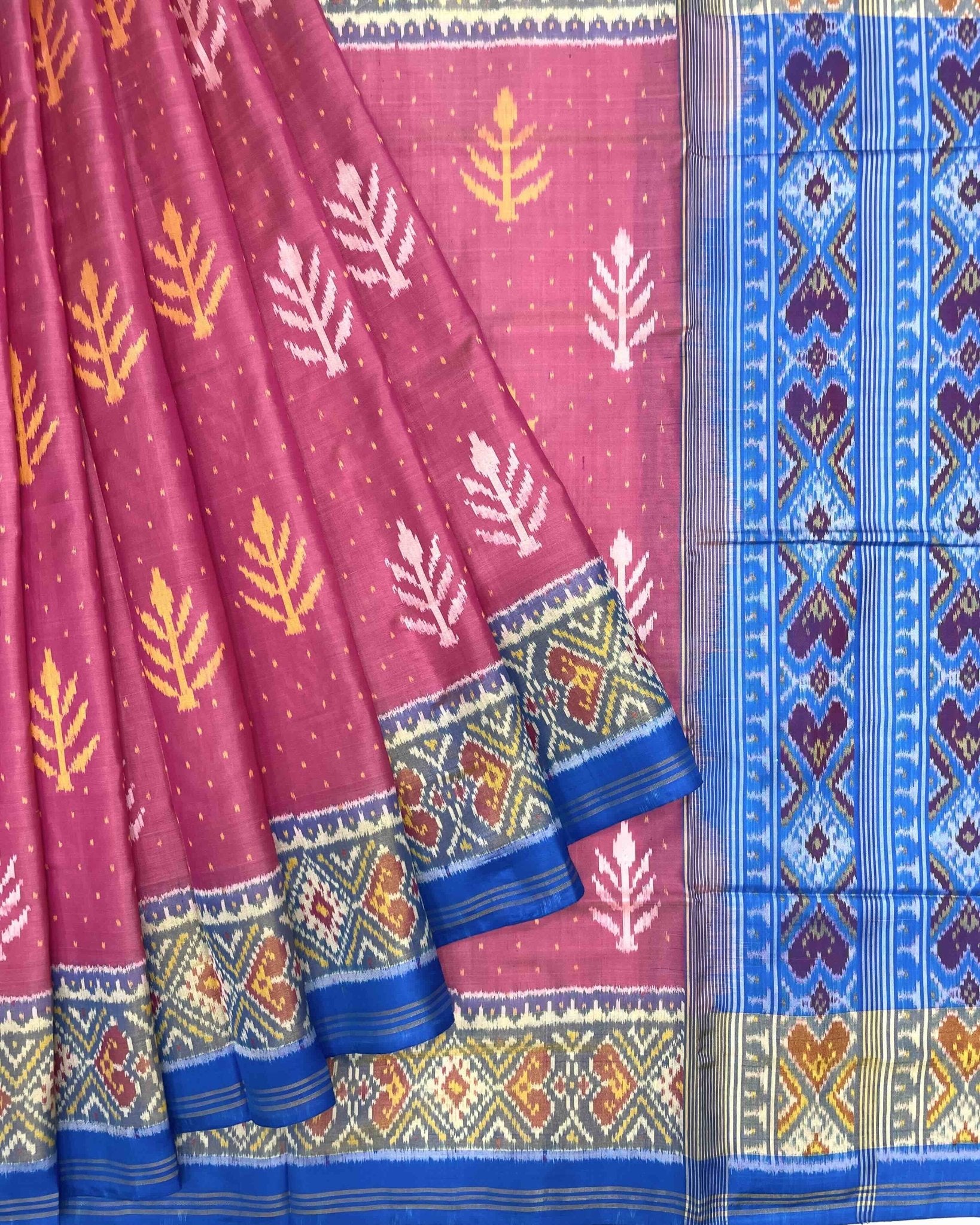 Sky Blue & Light Pink Fancy Leaves Patola Saree - SindhoiPatolaArt