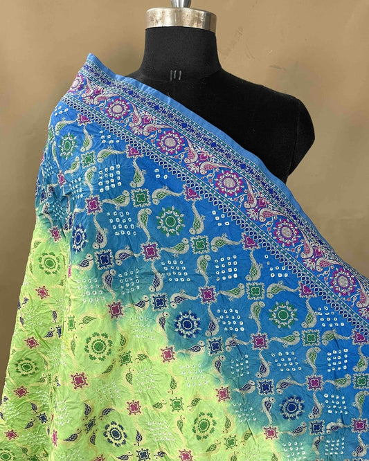 Sky Blue & Pista Green Dupion Bandhani Dupatta - SindhoiPatolaArt