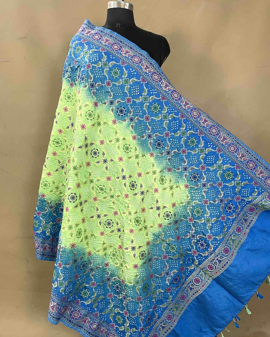 Sky Blue & Pista Green Dupion Bandhani Dupatta - SindhoiPatolaArt