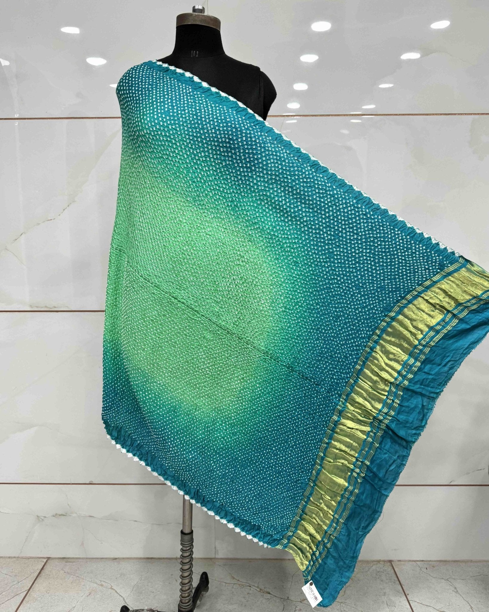 Sky Blue & Sea Green Gajji Silk Bandhani Dupatta - SindhoiPatolaArt