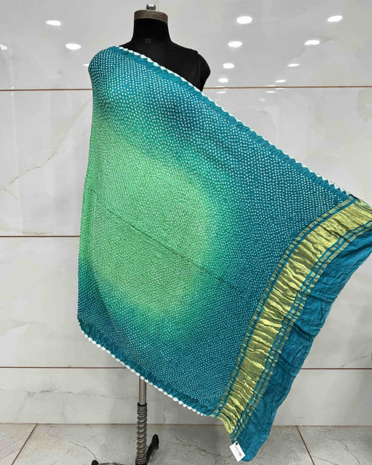 Sky Blue & Sea Green Gajji Silk Bandhani Dupatta - SindhoiPatolaArt