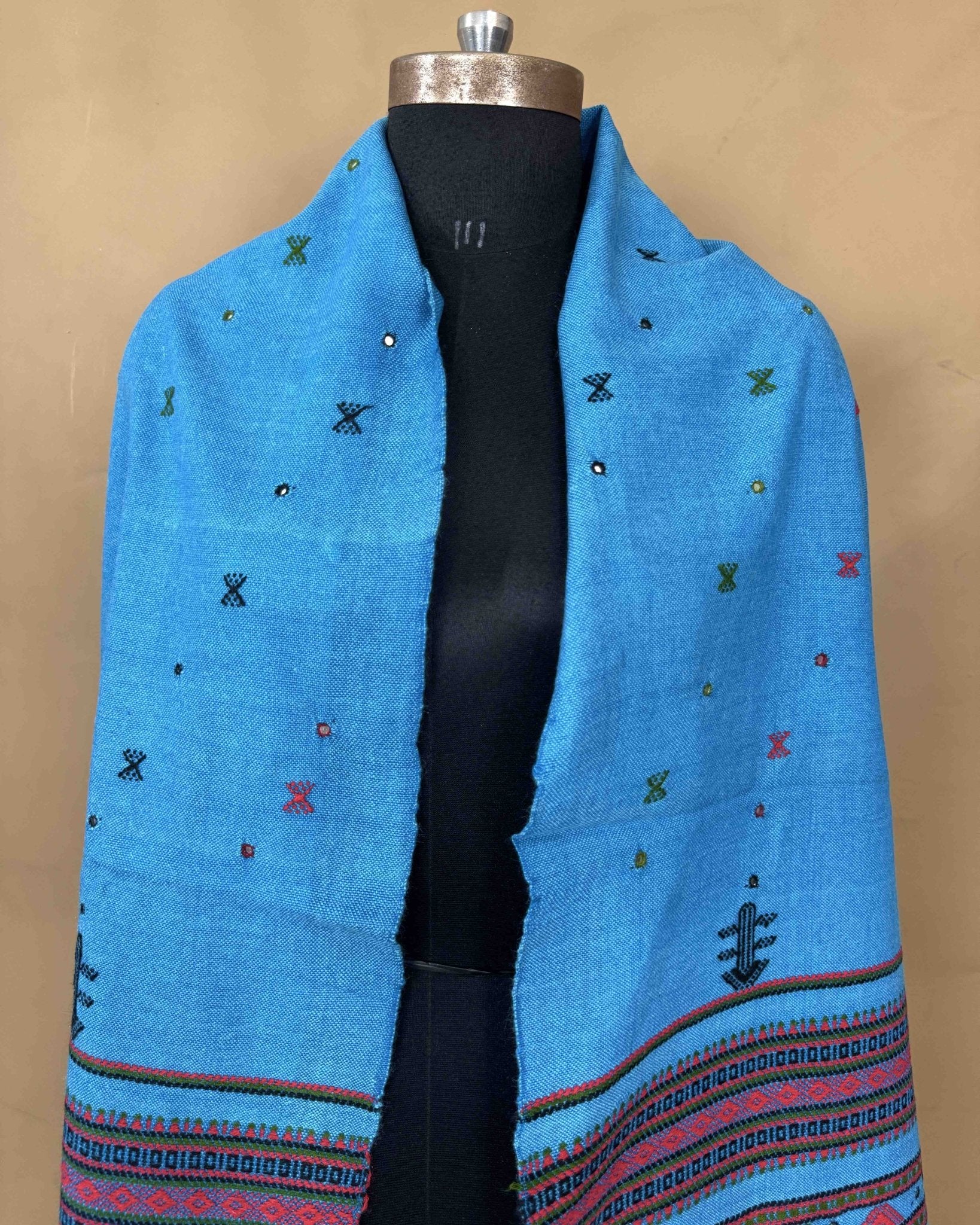 Sky Blue Zad Butti Mirror Kutchi Woolen Shawl - SindhoiPatolaArt